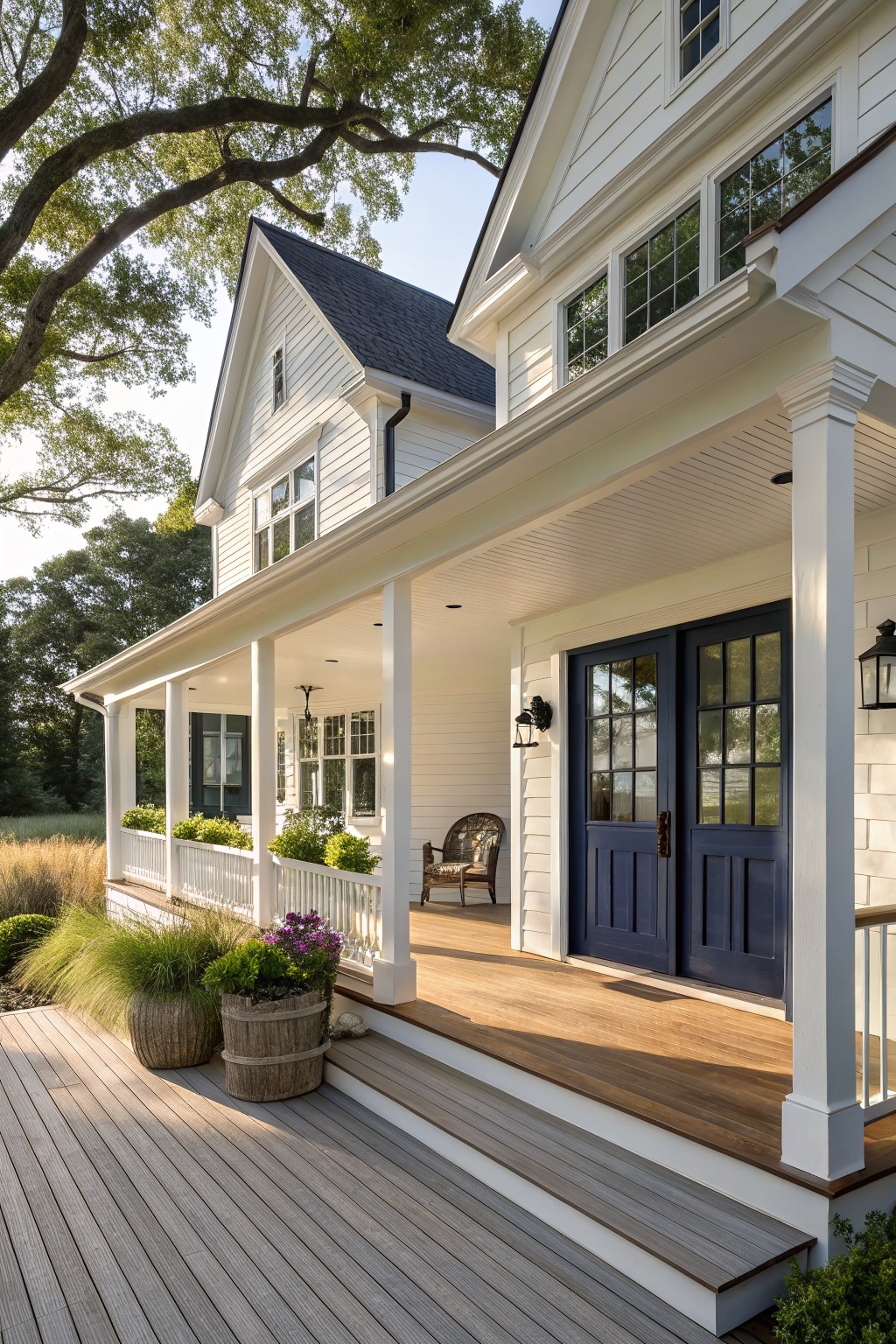 A white two-story farmhouse with a wide front porch, navy blue double doors, white columns, and wood decking leading to steps.