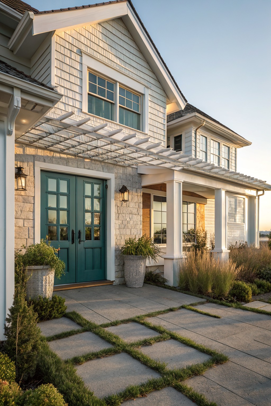 A coastal farmhouse exterior with white shingle siding, stone veneer around teal double front doors, a glass pergola overhead, and a concrete walkway with grass strips.