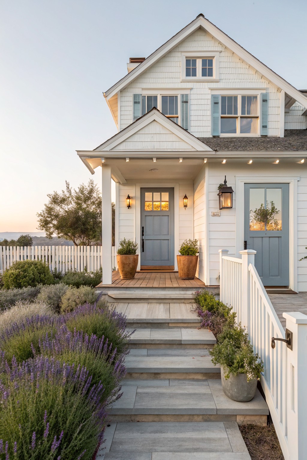 Front view of a white two-story farmhouse with light blue doors and shutters, a covered porch, and stone steps lined with purple flowering plants.