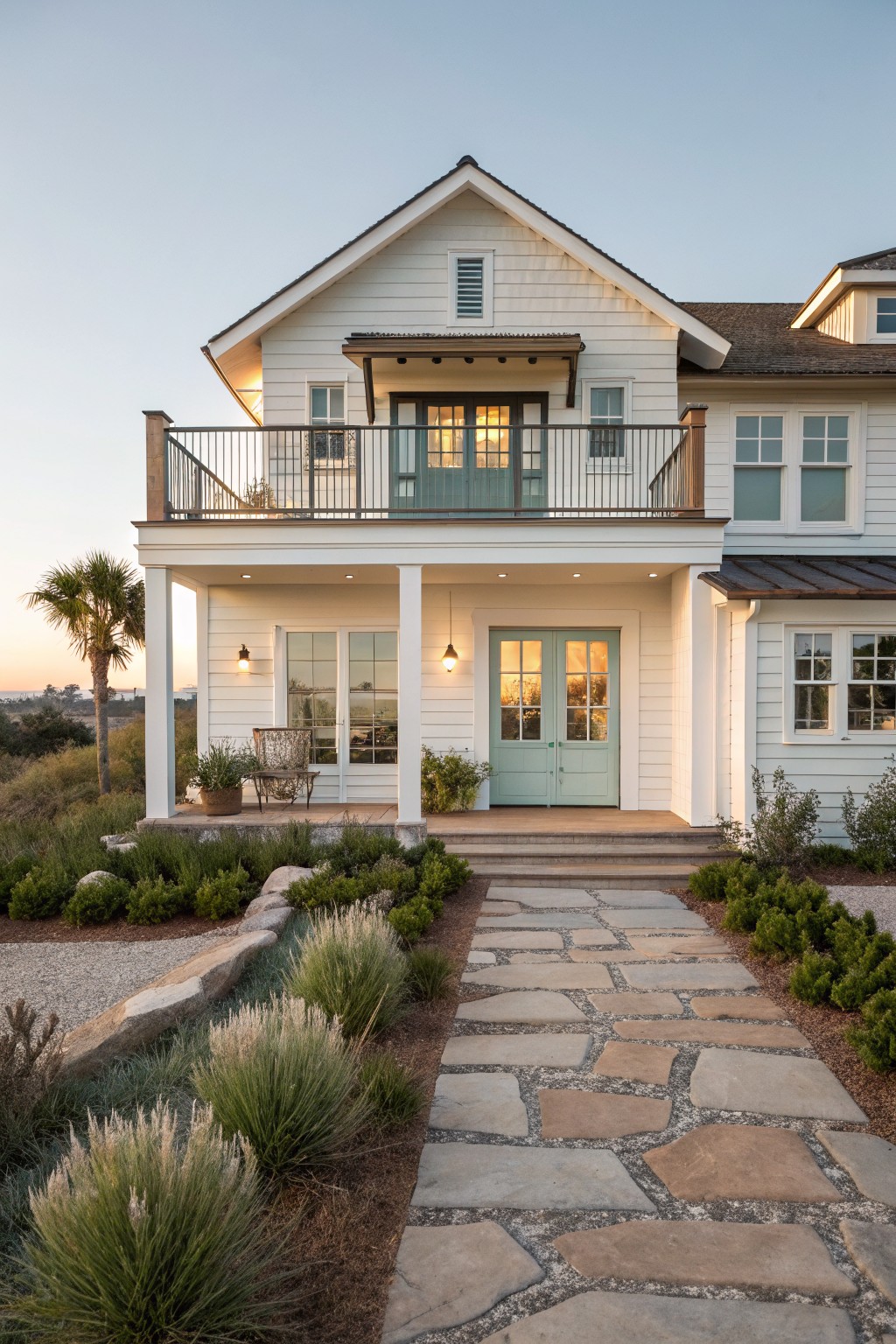White two-story house with seafoam doors, balcony, and stone pathway at dusk