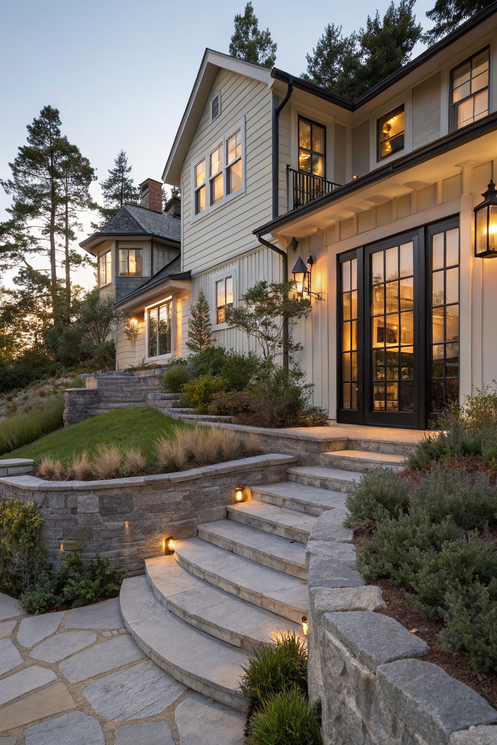 A two-story coastal farmhouse with light siding, black-framed doors and windows, and wide stone steps with retaining walls leading to the front entry on a sloped lot.