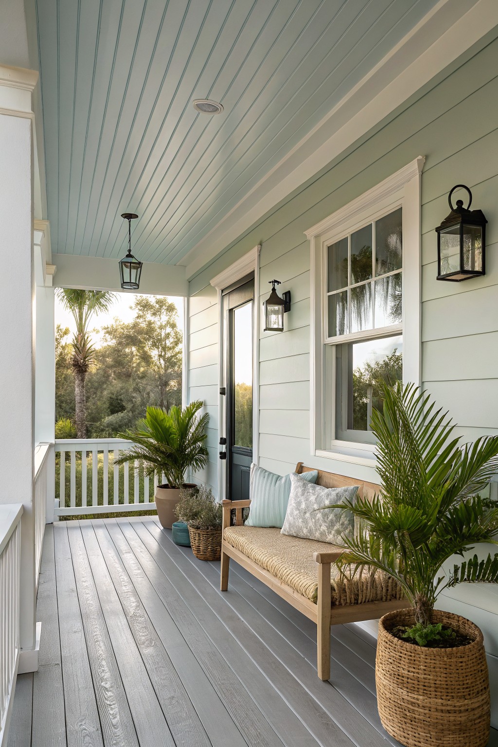 A covered porch with light blue siding, gray wood flooring, a wooden bench with cushions, and several potted palm plants in woven baskets.
