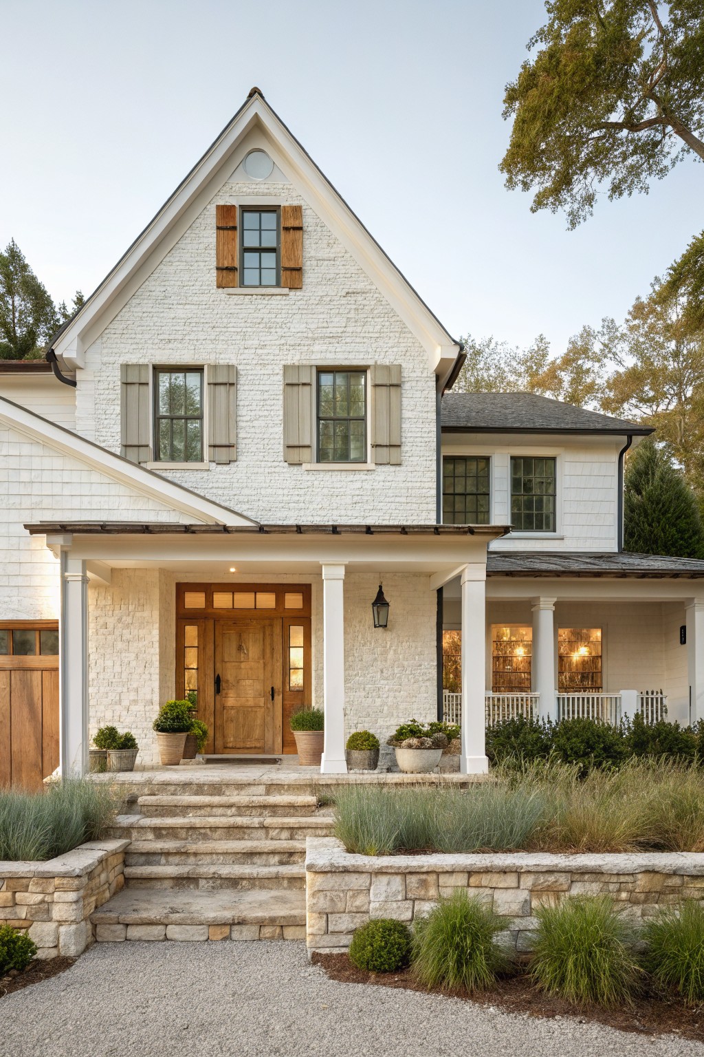 Front view of a two-story white brick house with a central gable, wooden double doors, gray shutters, and a covered porch with stone steps.
