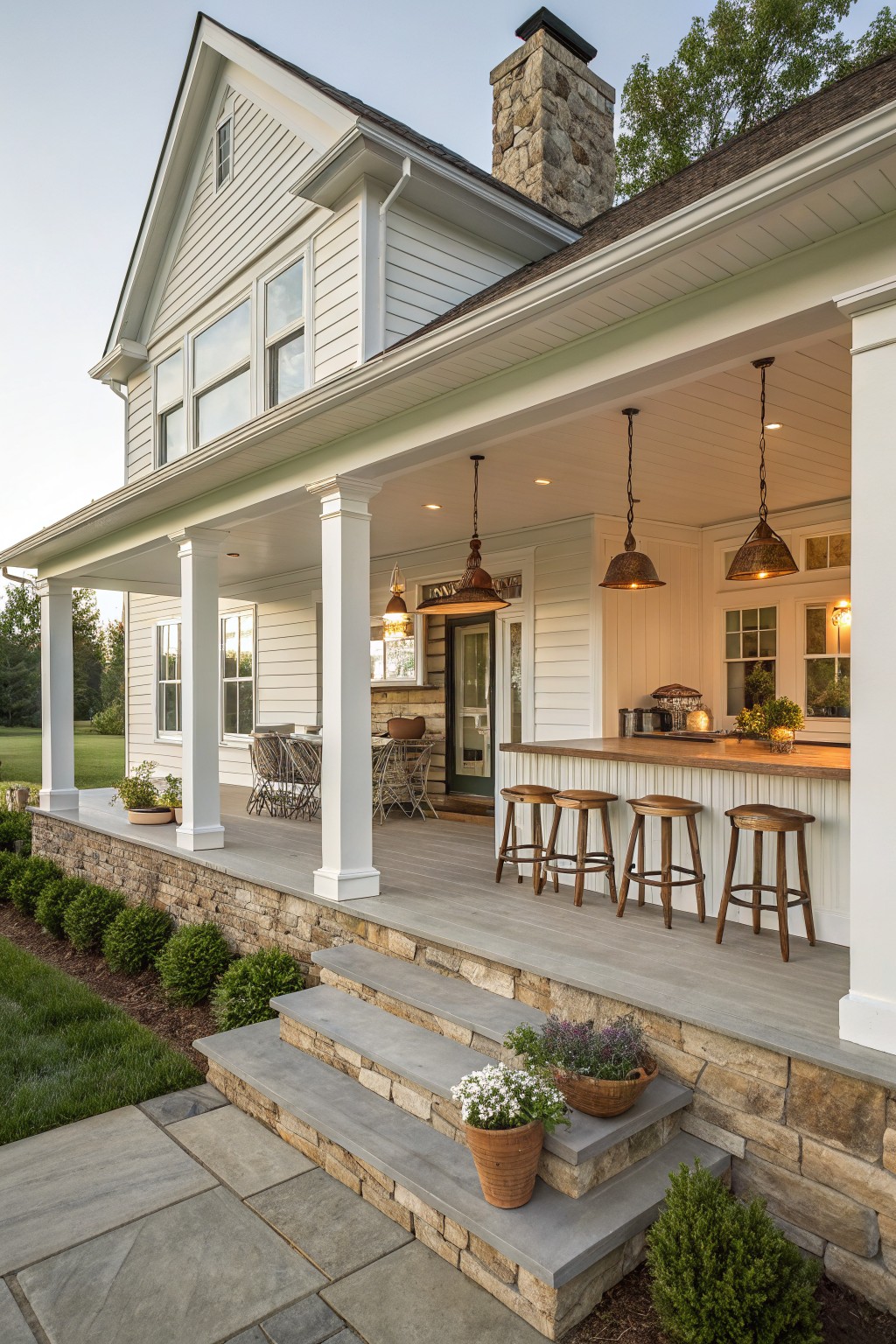 A white farmhouse with a large wrap around porch featuring a wooden bar counter, four bar stools, and hanging pendant lights.