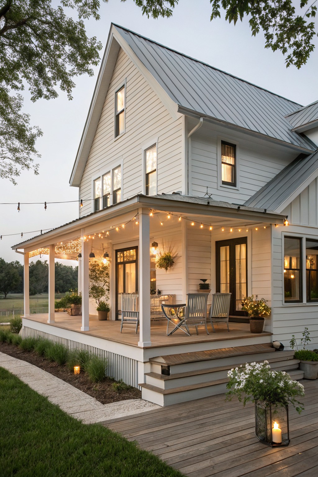 A white farmhouse exterior with a large wrap-around porch lit by string lights, furnished with wooden chairs and tables, and surrounded by potted plants at dusk.
