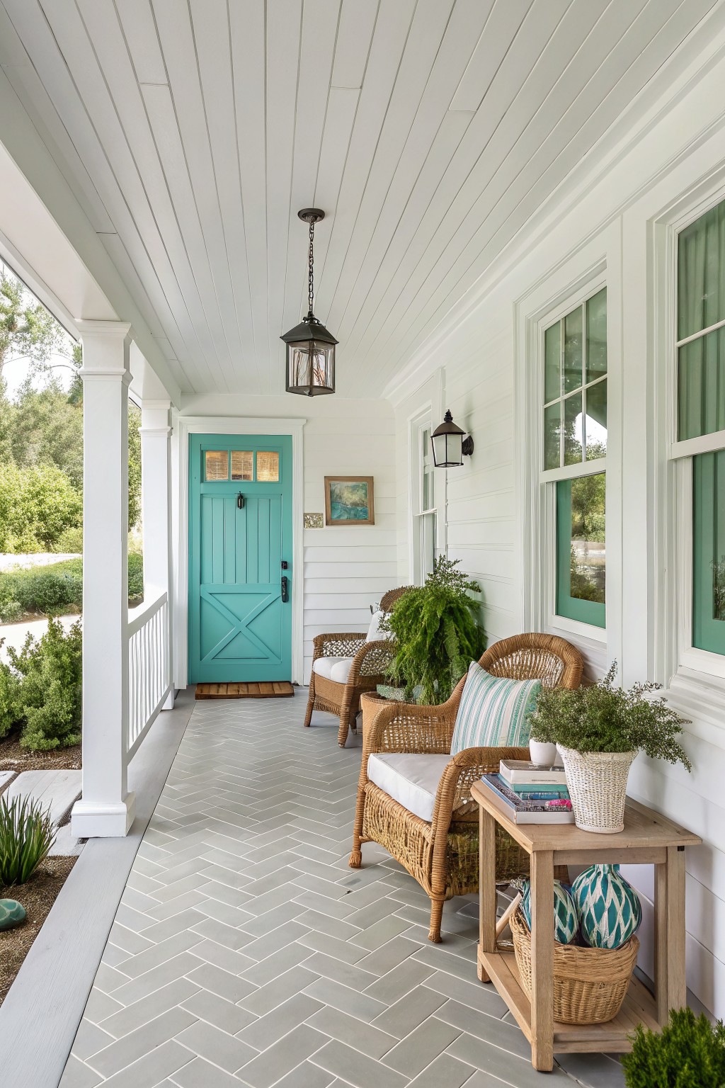 White porch with turquoise door, wicker chairs, gray herringbone floor, and plants.