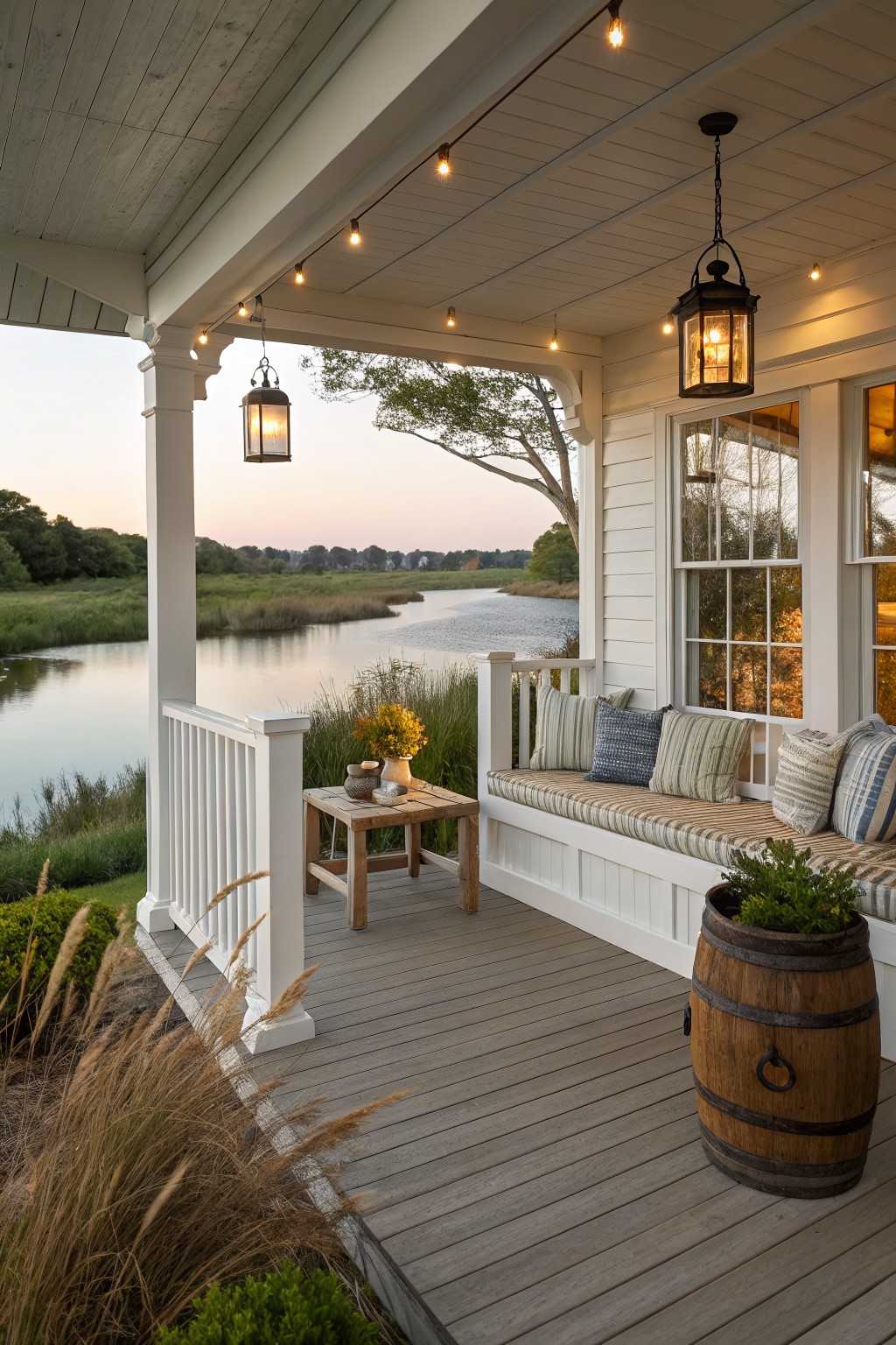 A white wooden wrap-around porch with built-in bench seating, striped cushions, hanging lanterns, string lights, and a wooden barrel planter overlooking a body of water.