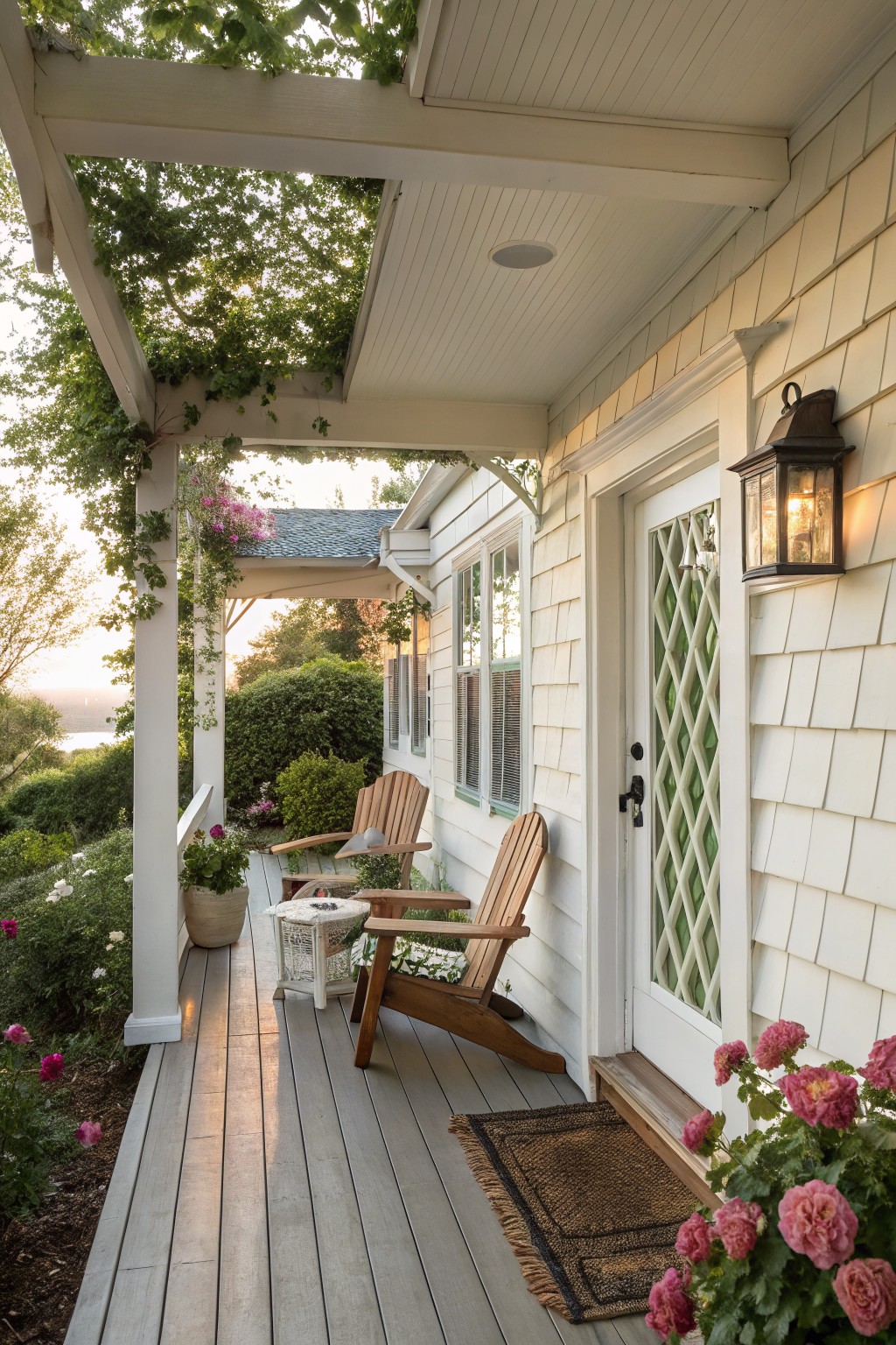 Cozy wooden porch with Adirondack chairs, lantern, pink flowers, and woven rug.