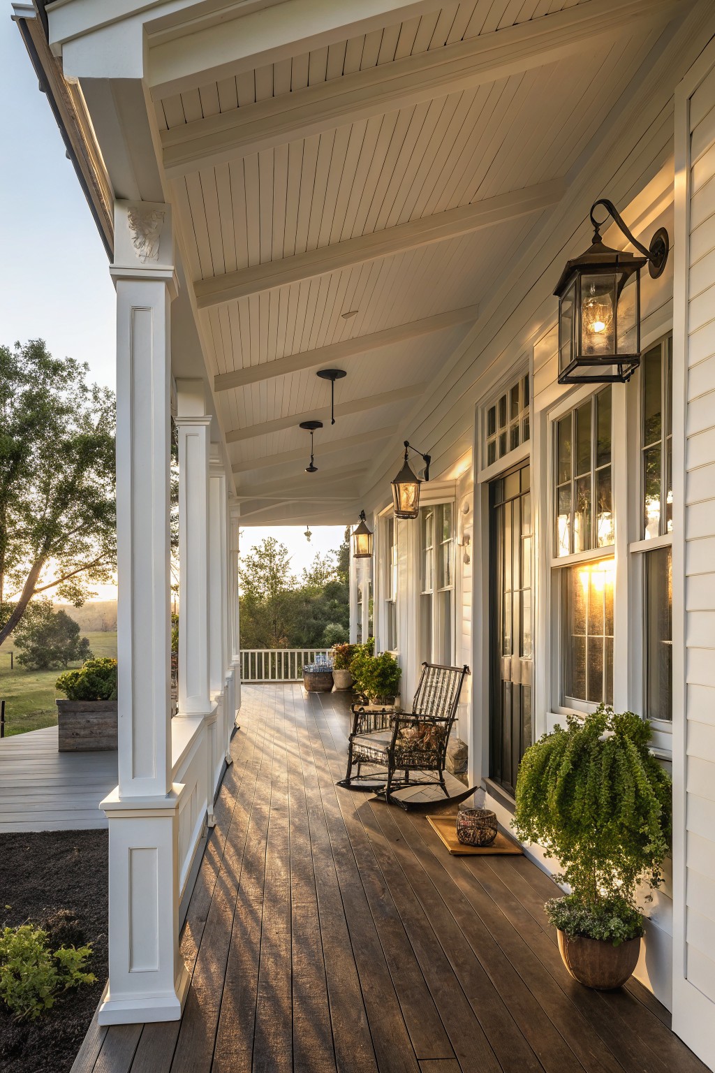 A long white wrap-around porch with dark wood decking, white columns, a rocking chair, potted plants, and several black wall-mounted lanterns.