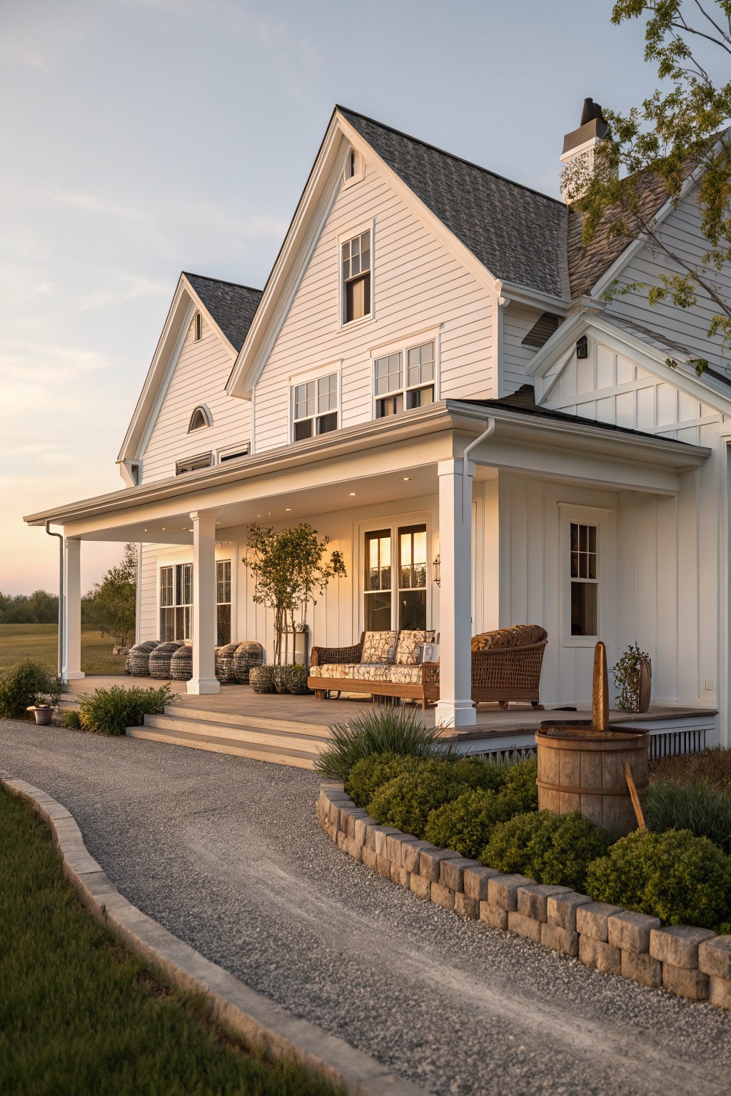 A white two-story farmhouse with a wrap-around porch, white columns, dark shingle roof, and gravel driveway bordered by low stone edging.