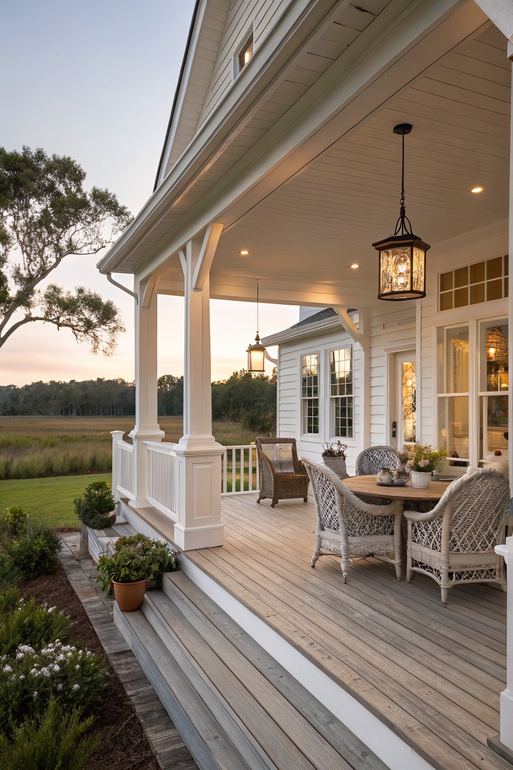 White farmhouse wrap-around porch with wooden deck, wicker seating around a table, and two black hanging lanterns from the ceiling.