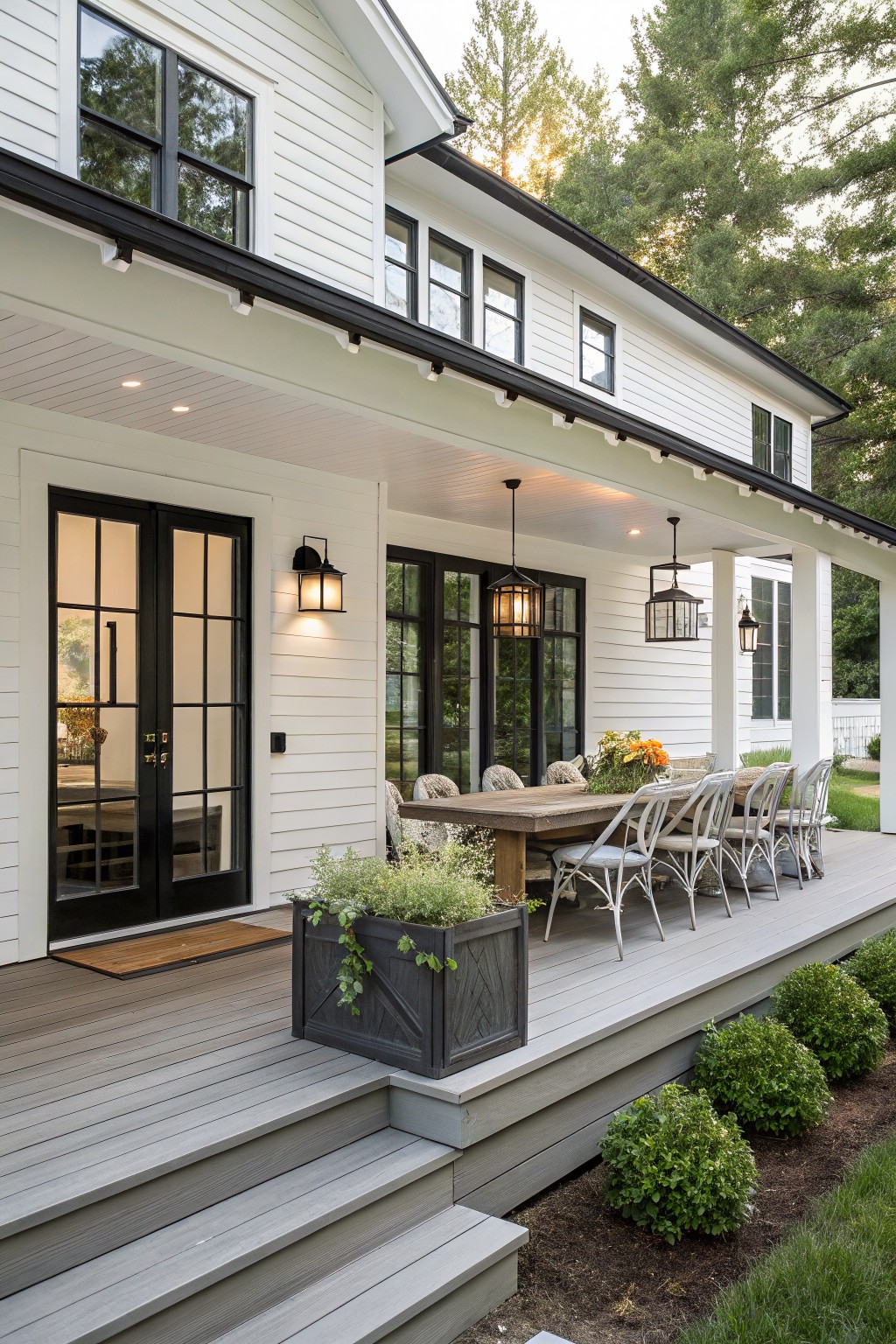 A white farmhouse with black window and door trim has a large wrap around porch with a long wooden dining table, metal chairs, and hanging lanterns.