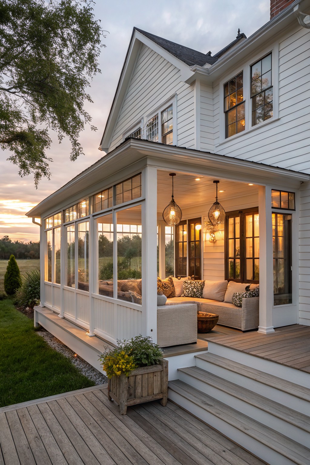 White farmhouse with a large wrap-around porch showing an L-shaped sectional sofa, hanging lights, and wooden deck with steps.