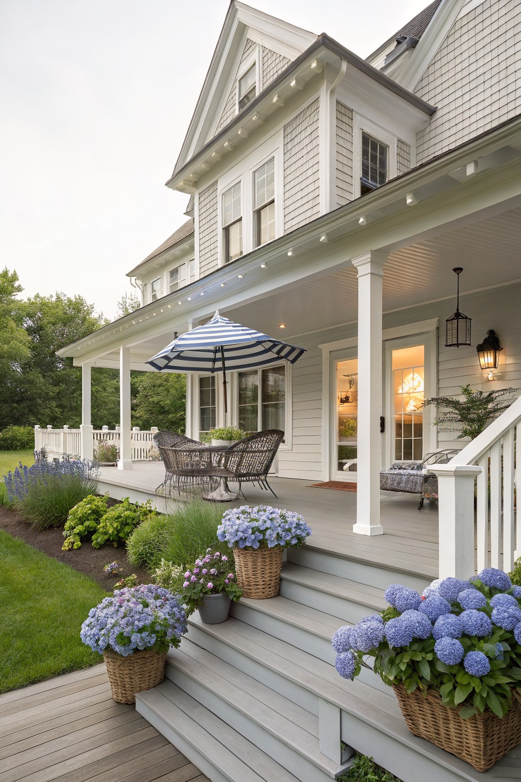 White house porch with striped umbrella, wicker chairs, and blue hydrangeas on steps.