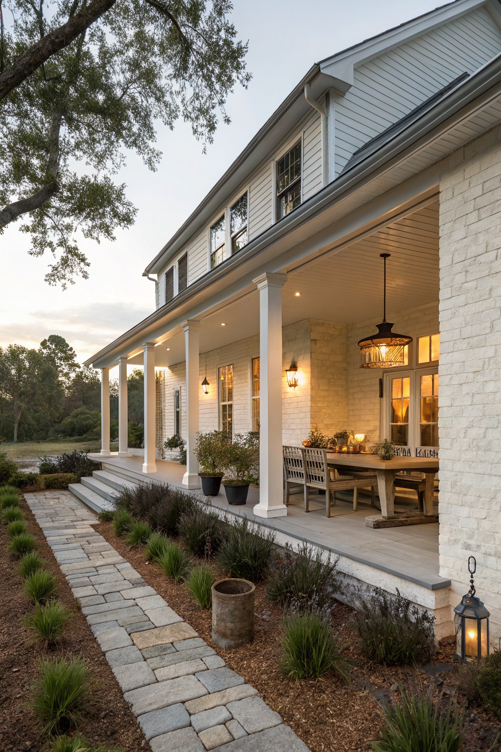 A white two-story farmhouse with a wrap-around porch that includes a wooden dining table, chairs, and a hanging lantern.