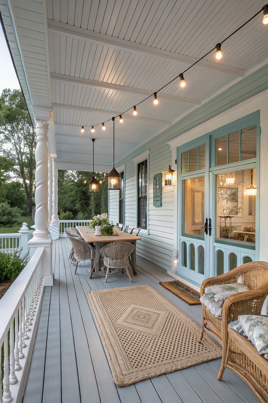 A long farmhouse porch with gray floorboards, a wooden dining table and wicker chairs, string lights hanging from the white ceiling, and light blue siding with large windows.