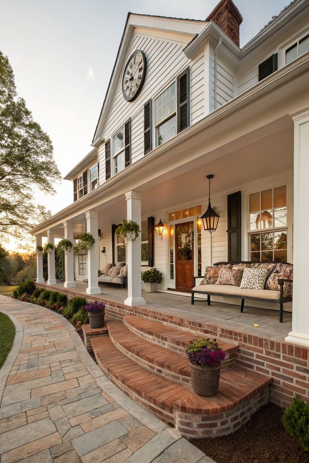 White farmhouse exterior with wrap-around porch, white columns, brick steps, outdoor bench seating, and a large clock on the gable.