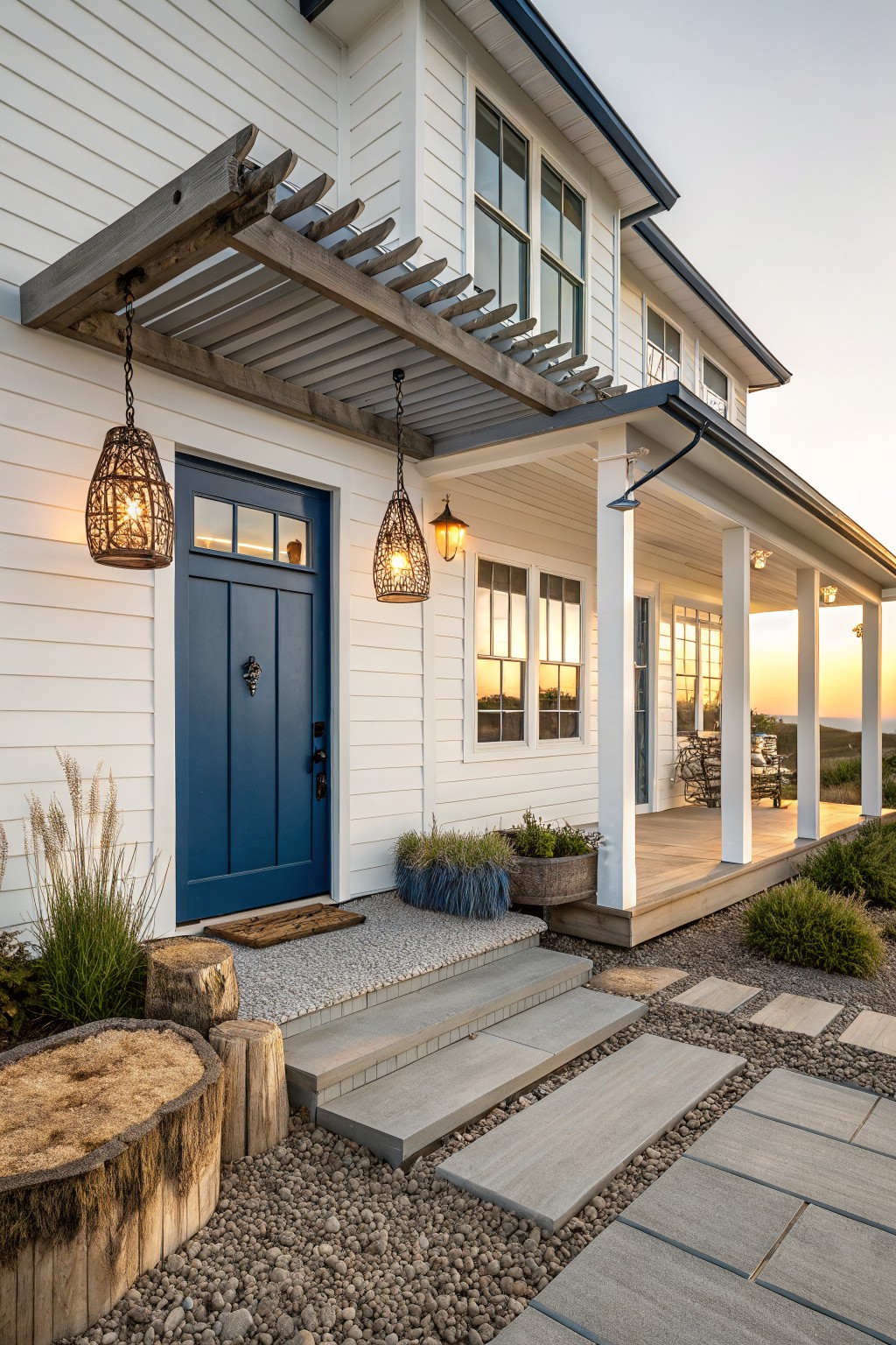 A white house exterior with a blue front door, wooden pergola overhang, hanging lights, and concrete steps leading to a gravel path.