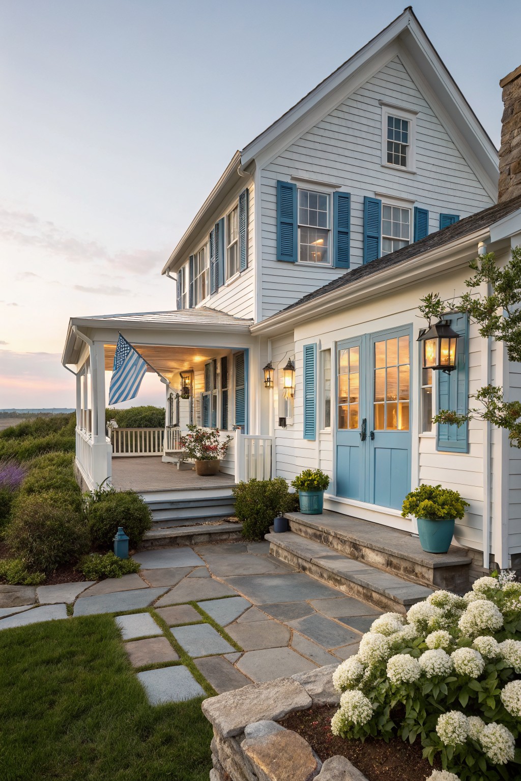 White house with blue shutters, American flag on porch, stone path with flowers.