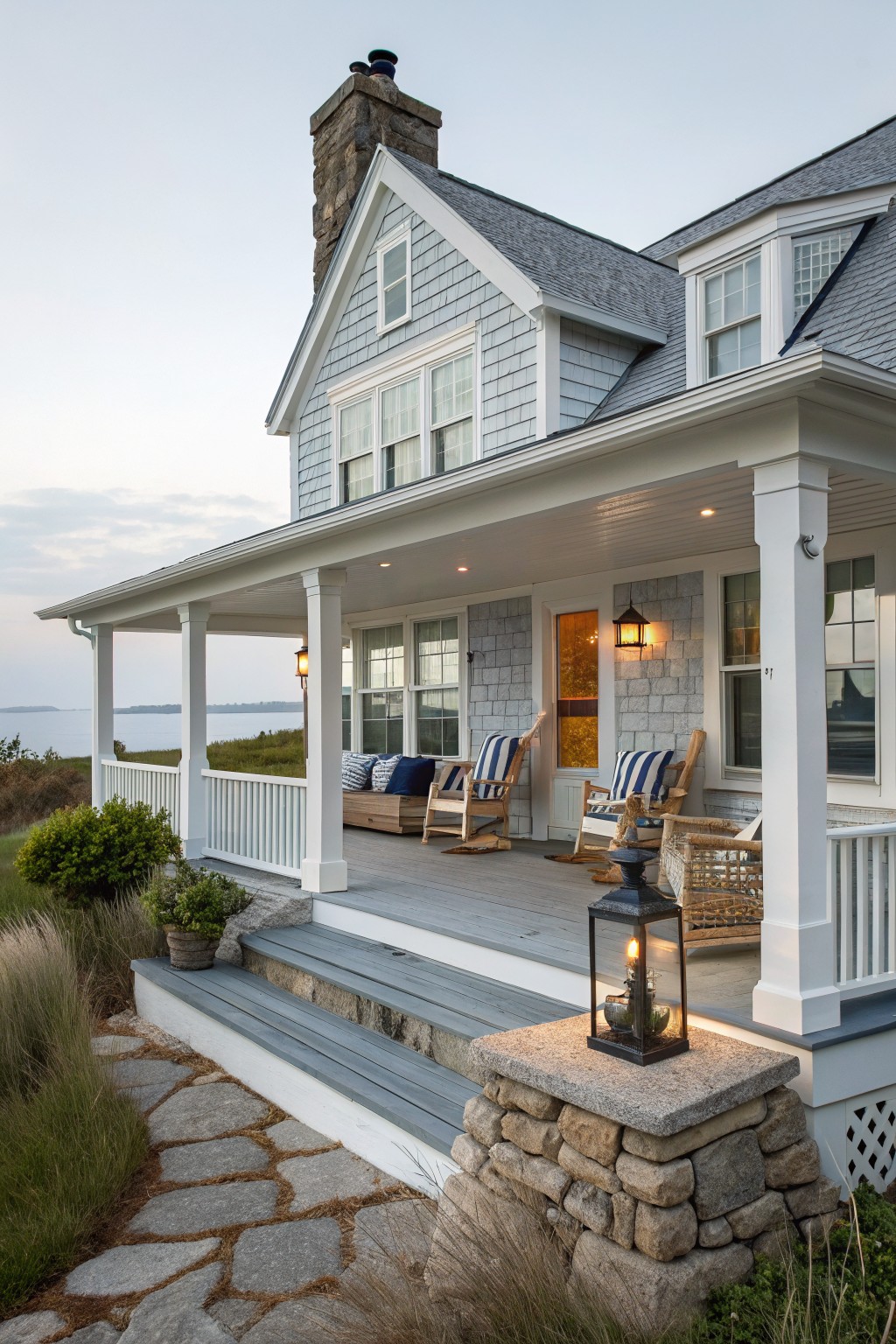 Gray-shingled coastal house with white porch, rocking chairs, and ocean view.