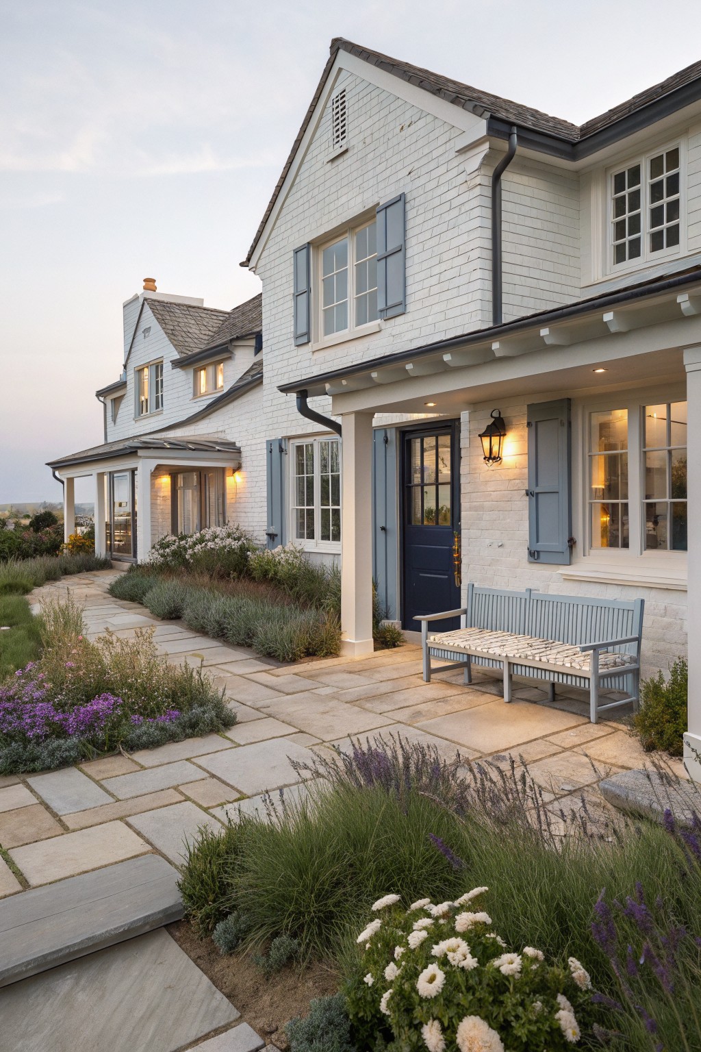 A white shingled house with blue shutters, a dark blue front door, a covered porch with a light blue bench, and a stone pathway bordered by garden beds.