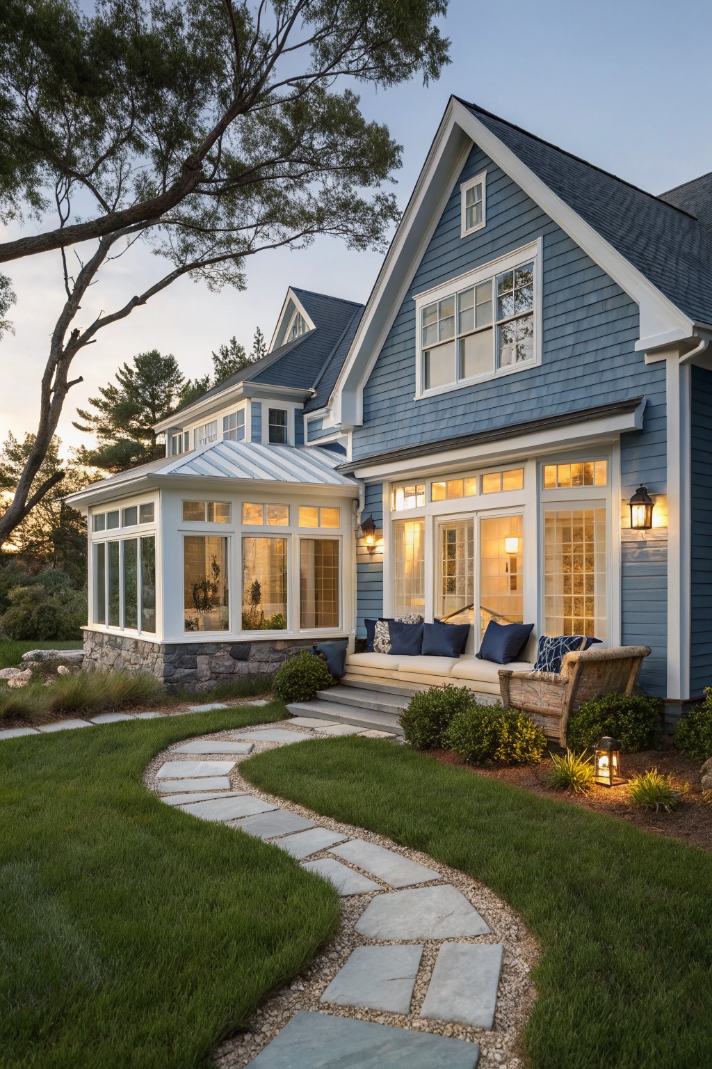 Blue house with white trim, sunroom, cushioned porch, and curving stone path at dusk