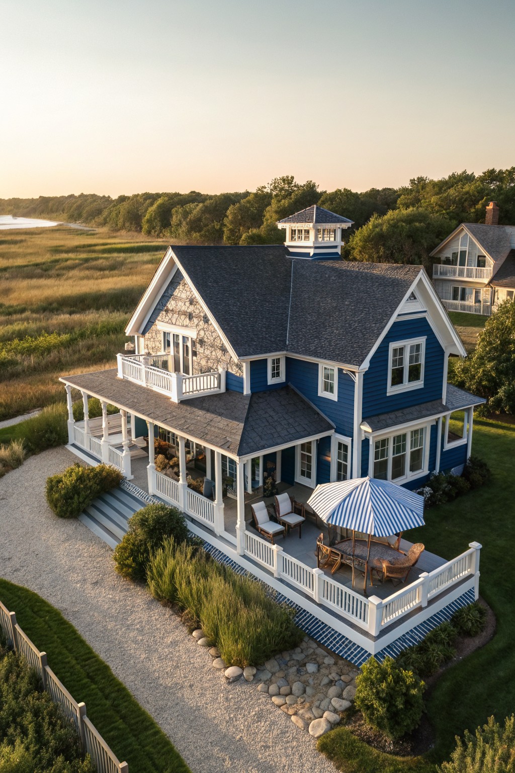 A two-story blue house with white trim, a dark roof, wraparound porch, and gravel driveway in a grassy coastal setting.