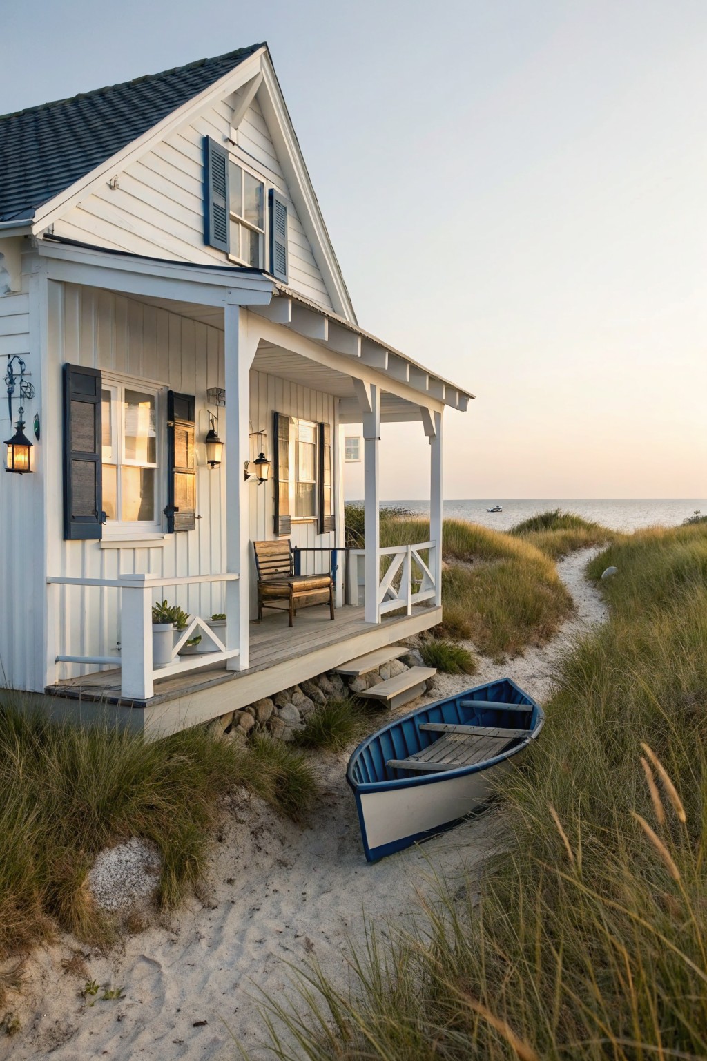 A white gabled house with dark shutters and a porch stands on a sandy dune next to a blue and white rowboat, with grass and the ocean in the background.