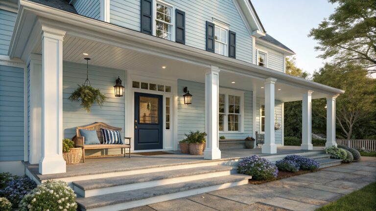 A two-story light blue house with white trim, a dark blue front door, covered porch with white columns, and stone steps leading to the entry.