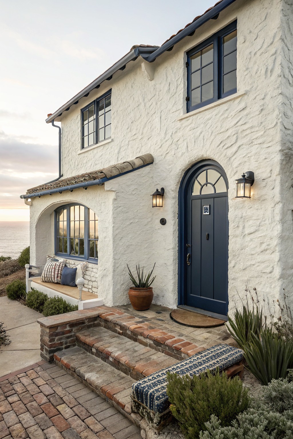 A white stucco house exterior with navy blue doors and window frames, arched openings, and a tiled roof.