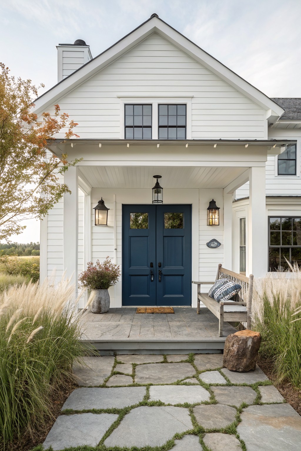 A white farmhouse with navy blue double doors, a covered porch, two lanterns, and a stone pathway leading to the entrance.