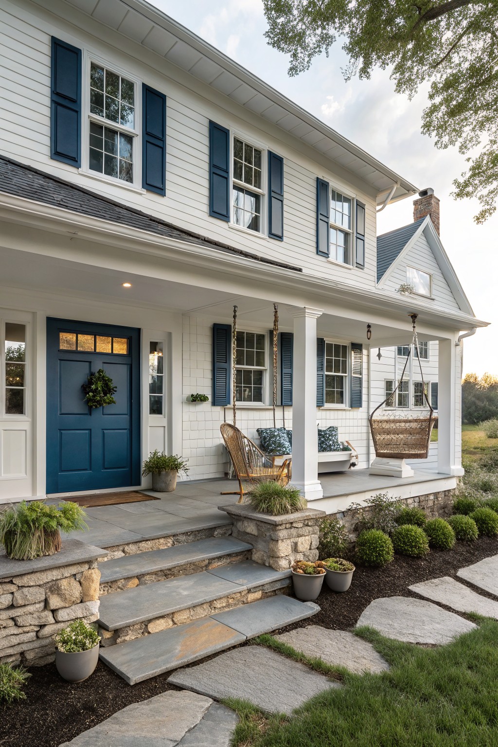 A white two-story farmhouse exterior with a deep blue front door, matching blue shutters, a stone porch, and a hanging porch chair.