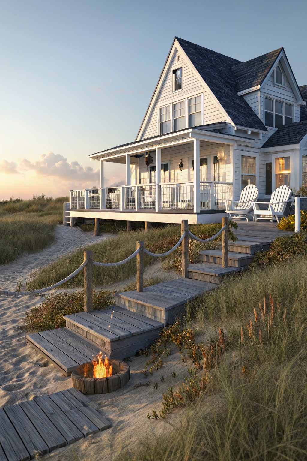White two-story coastal farmhouse with a large porch, wooden deck and stairs leading to a fire pit area surrounded by beach grasses at sunset.