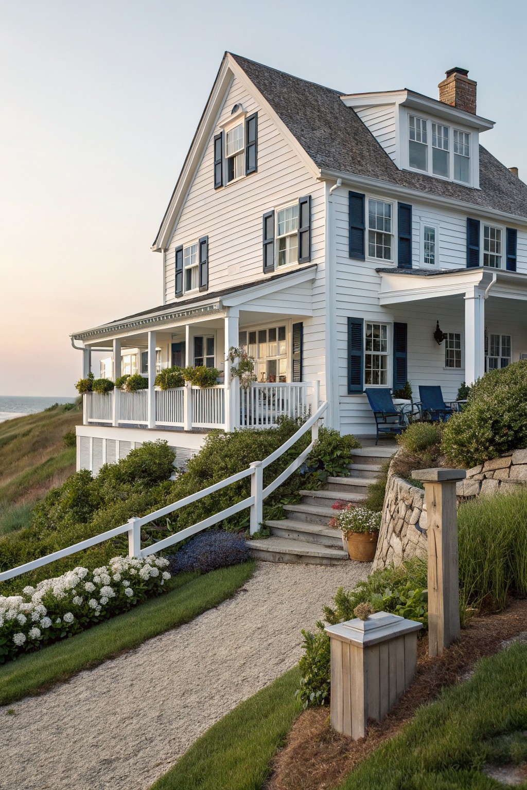 White coastal house with blue shutters, porch, garden path, and ocean view