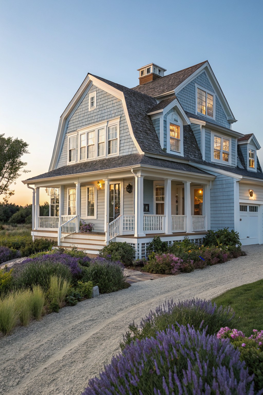 A two-story blue shingled house with white trim, a large wraparound porch, and a gravel driveway lined with purple flowers at dusk.