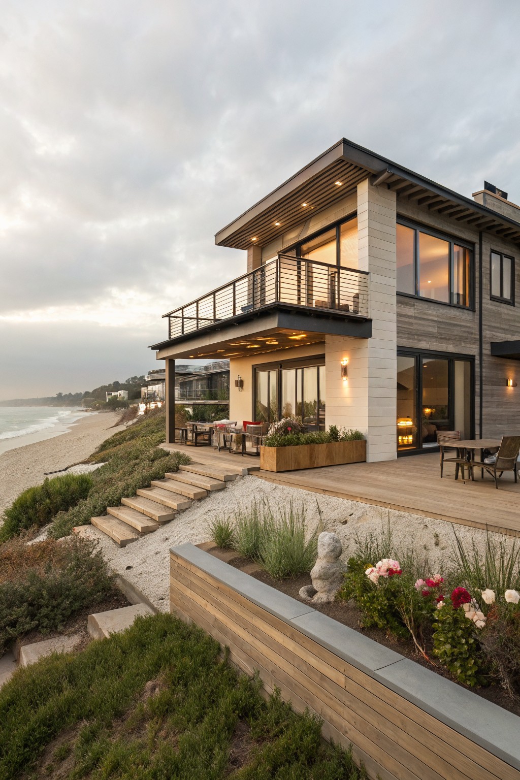 Modern coastal house with light siding, dark trim, large windows, upper balcony with metal railing, and wooden deck with steps leading toward the beach.