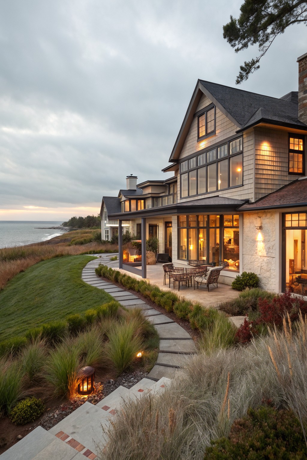 A modern coastal farmhouse exterior with a large covered patio furnished with dining and seating areas, stone and siding facade, and a stone pathway leading through landscaped grounds.
