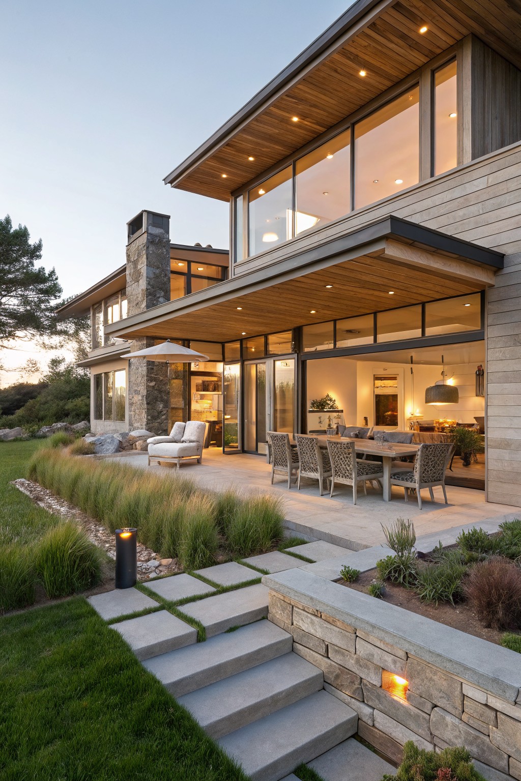 A modern house with a large covered patio featuring a long dining table, chairs, and glass doors open to the interior, surrounded by stone steps, grass, and landscaping at dusk.