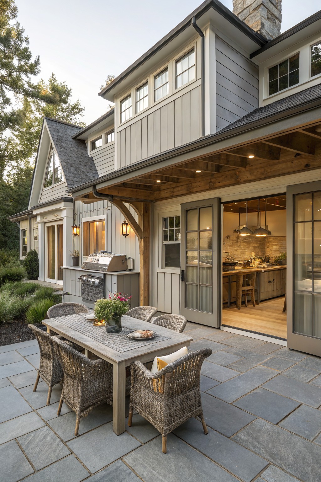 A gray house exterior features a covered stone patio with a wooden dining table, woven chairs, an outdoor grill station, and large open doors leading into a visible indoor kitchen.