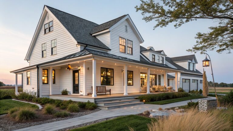 23 Contemporary Coastal Farmhouse Exterior Ideas for Modern Homes A two-story white house with black window frames, dark roofing, multiple gables, and a large front porch supported by white columns.