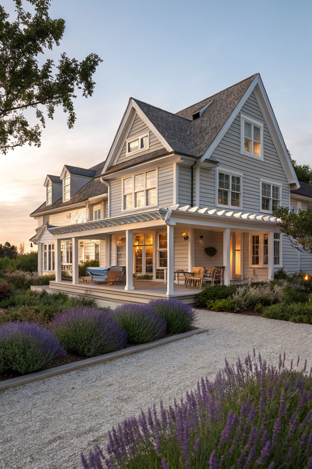 A two-story house with light gray siding, white trim, multiple gabled roofs, and a covered front porch.