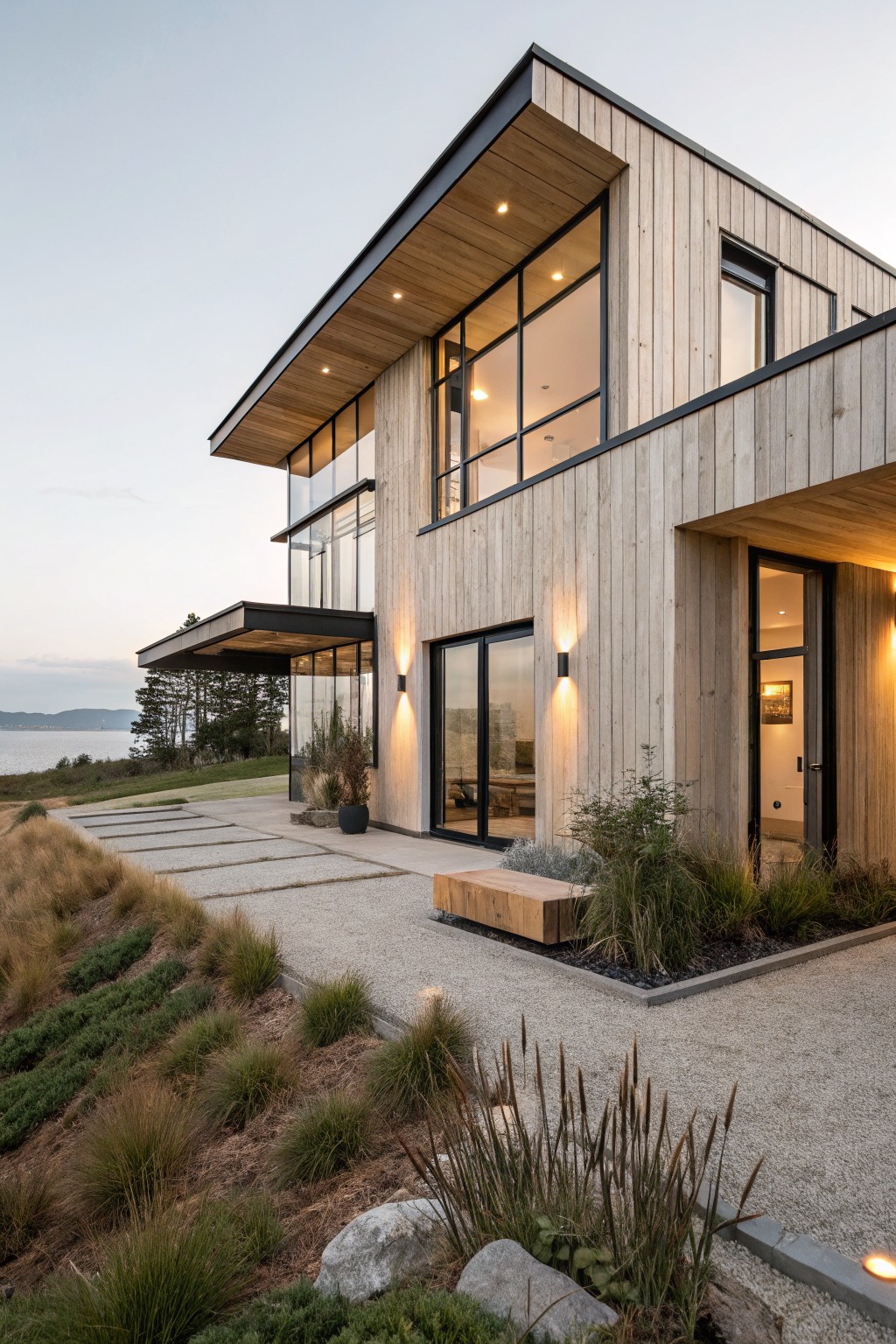 Modern two-story wooden house with large windows overlooking coastal landscape at dusk.