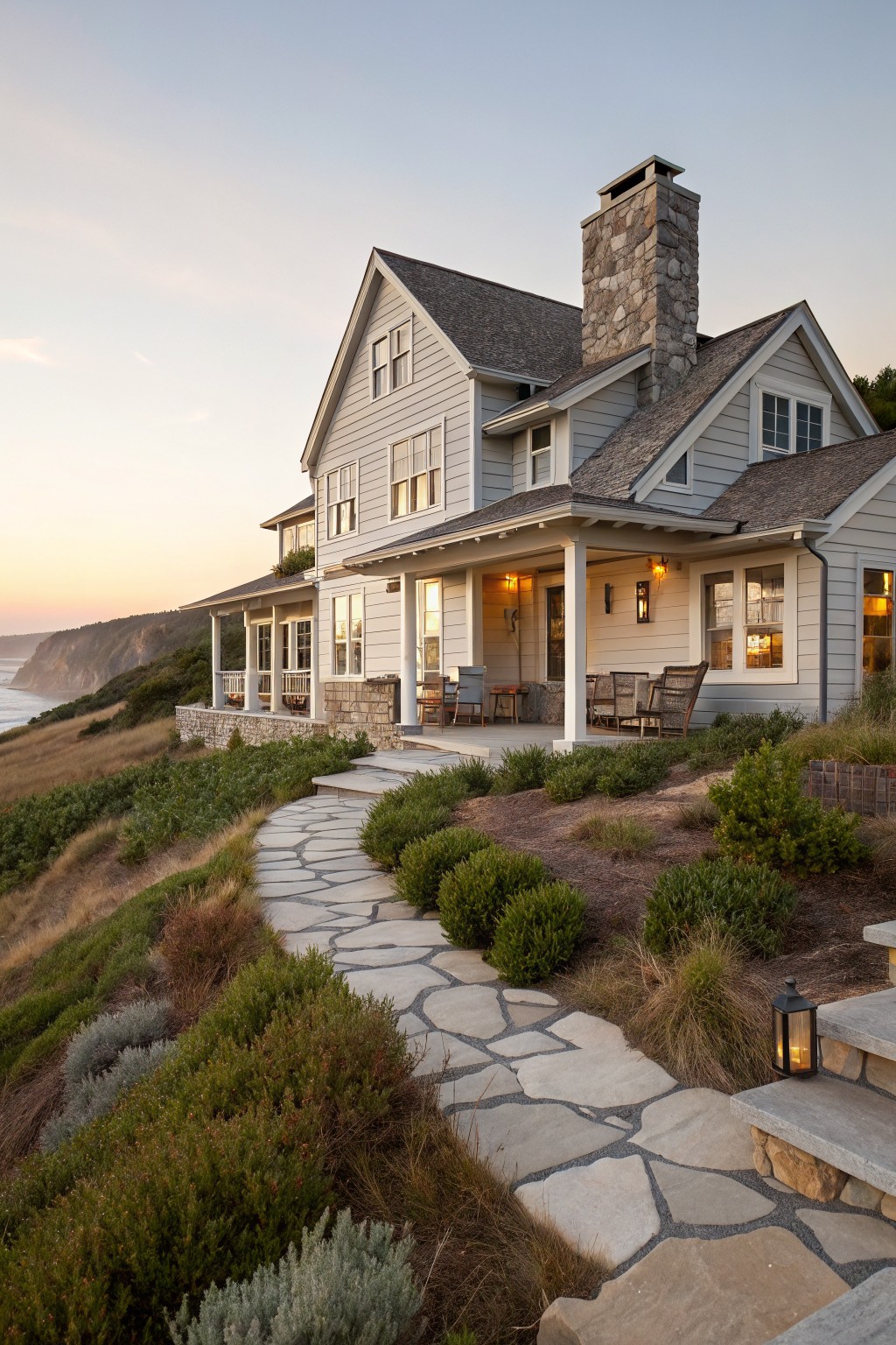 Large gray coastal house with stone chimney and path overlooking ocean at dusk