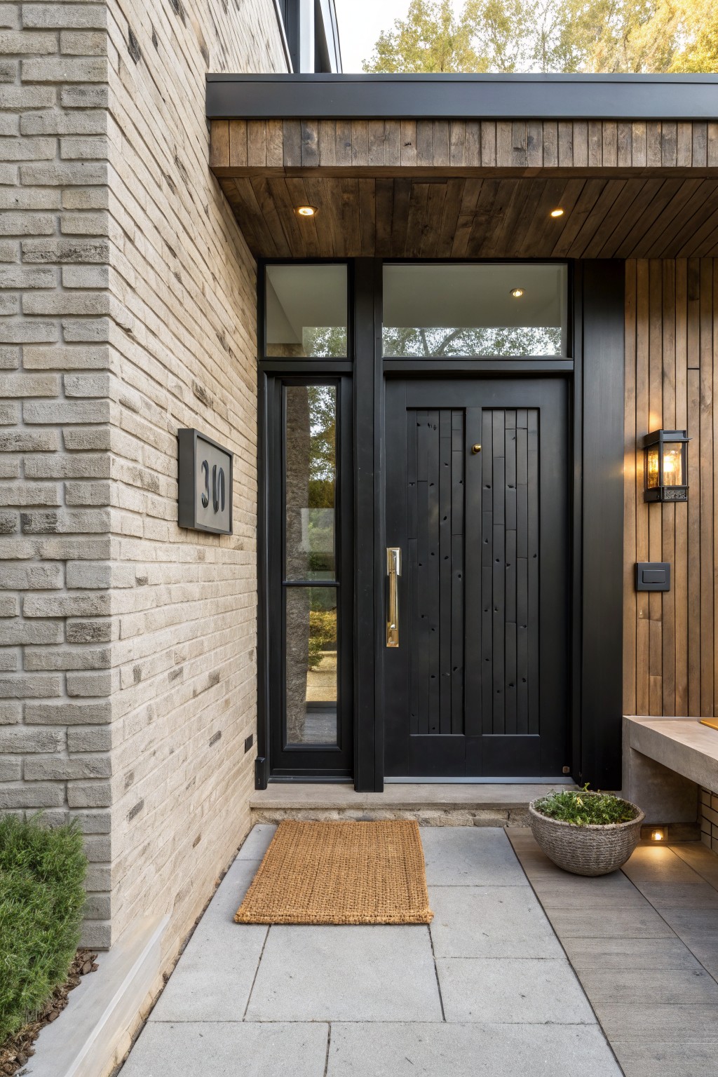 Front entrance of a modern home with a black door, brick wall on the left showing a house number plaque, wood paneling on the right, and a woven doormat on the stone walkway.