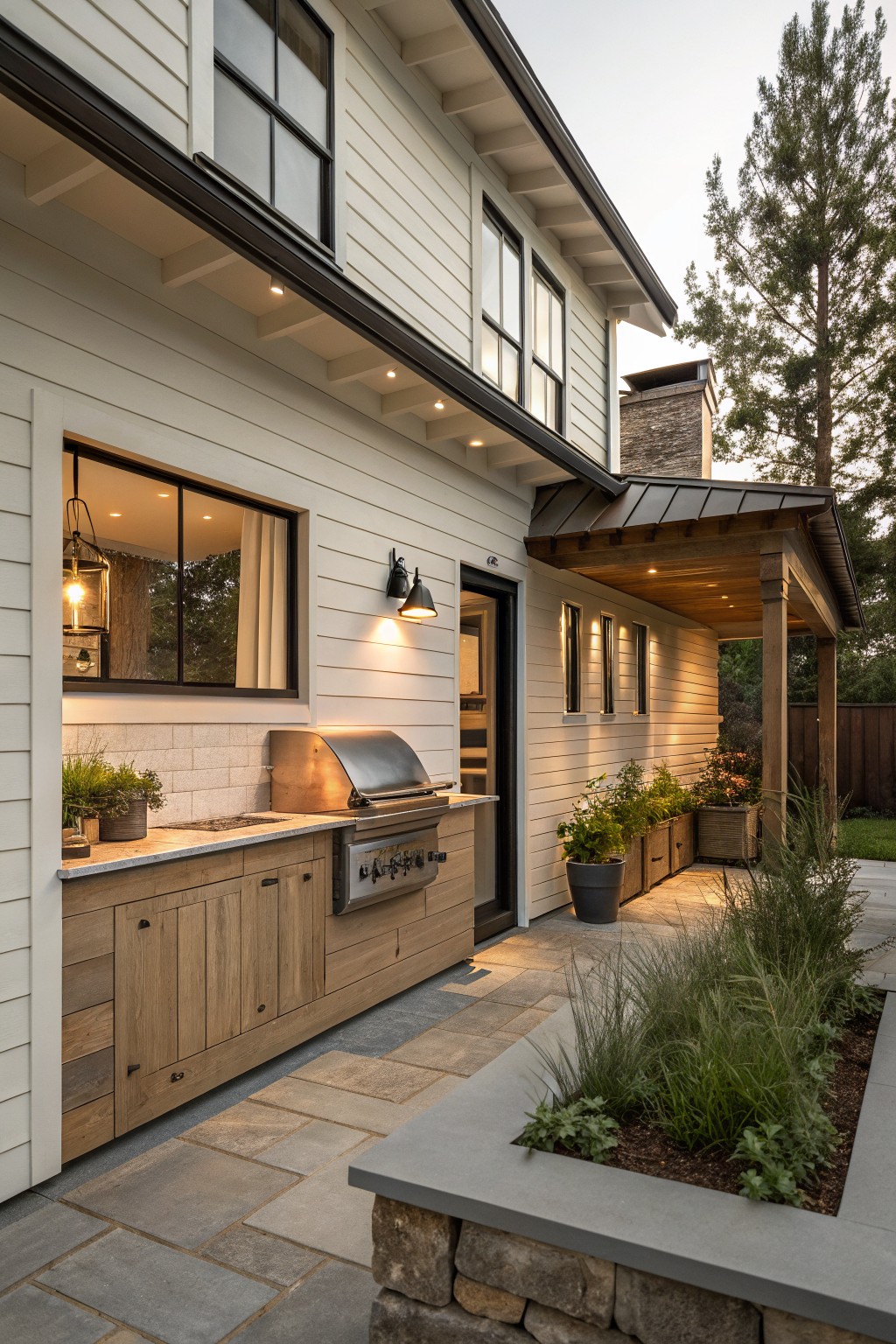 A contemporary house exterior with a built-in outdoor kitchen featuring a stainless steel grill, wooden cabinets, and a stone countertop along the wall, next to a paved patio with planters.