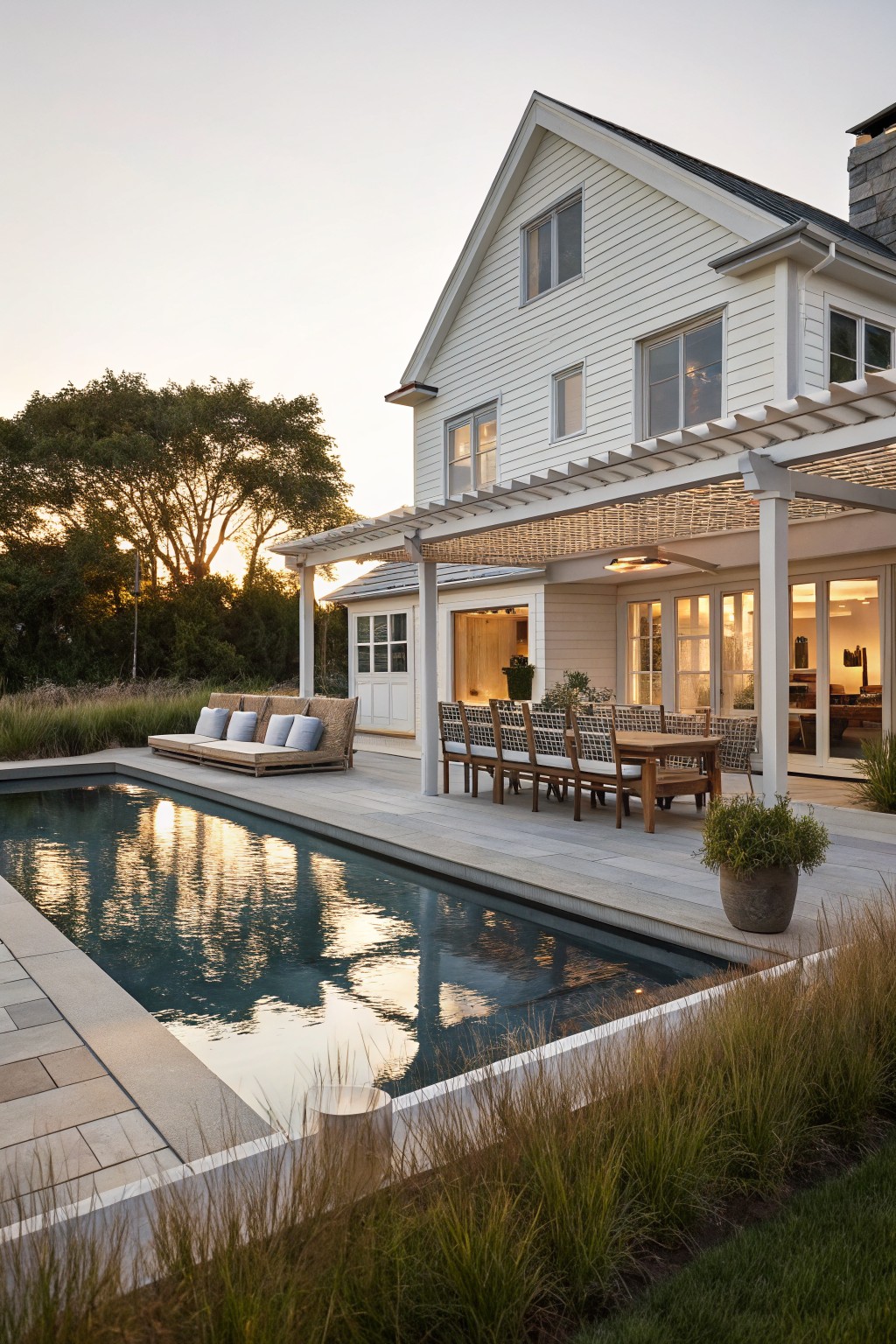 White coastal farmhouse with white pergola covering a wooden dining table and chairs next to a long rectangular pool at sunset.