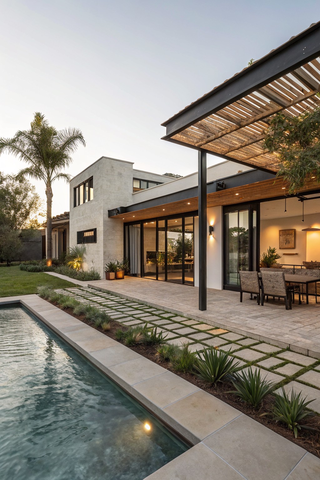 Modern concrete house with large glass doors opening to a paved patio under a wooden pergola, outdoor dining set, and a long swimming pool along the edge.