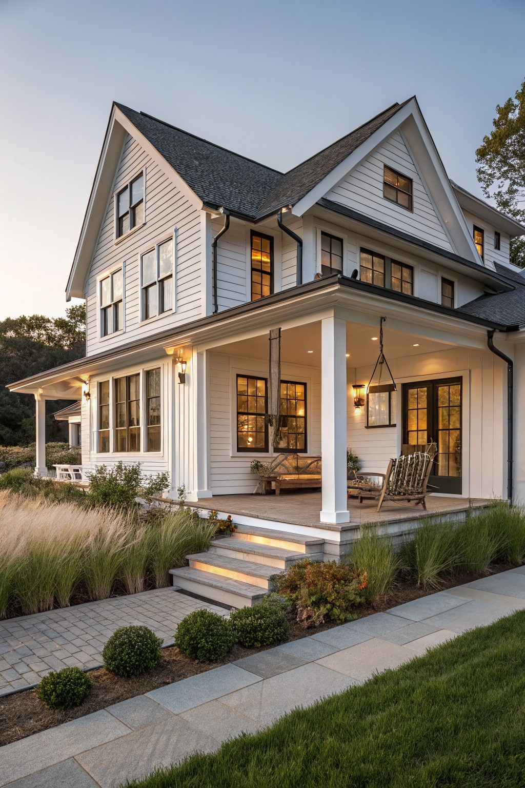 A two-story white house with black window frames, dark roofing, multiple gables, and a large front porch supported by white columns.