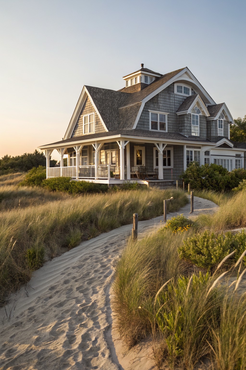 A large gray shingled coastal farmhouse with white trim and a wide wrap-around porch, viewed from a sandy path through beach grass at dusk.