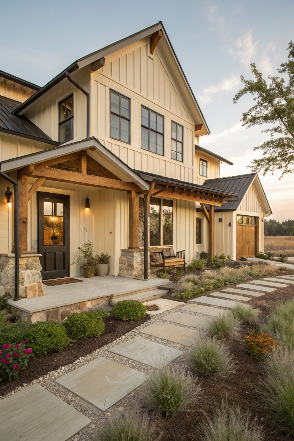 A light-colored farmhouse home with a covered front porch supported by thick wooden beams and stone pillars, featuring a dark entry door and stone accents.